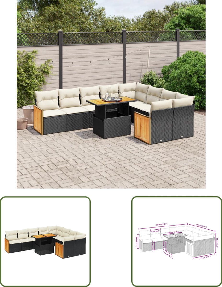 The Living Store 10-delige Loungeset met kussens poly rattan zwart - Loungebank - Lounge Set - Buitendecoratie - Tuinlounge - Tuinmeubels