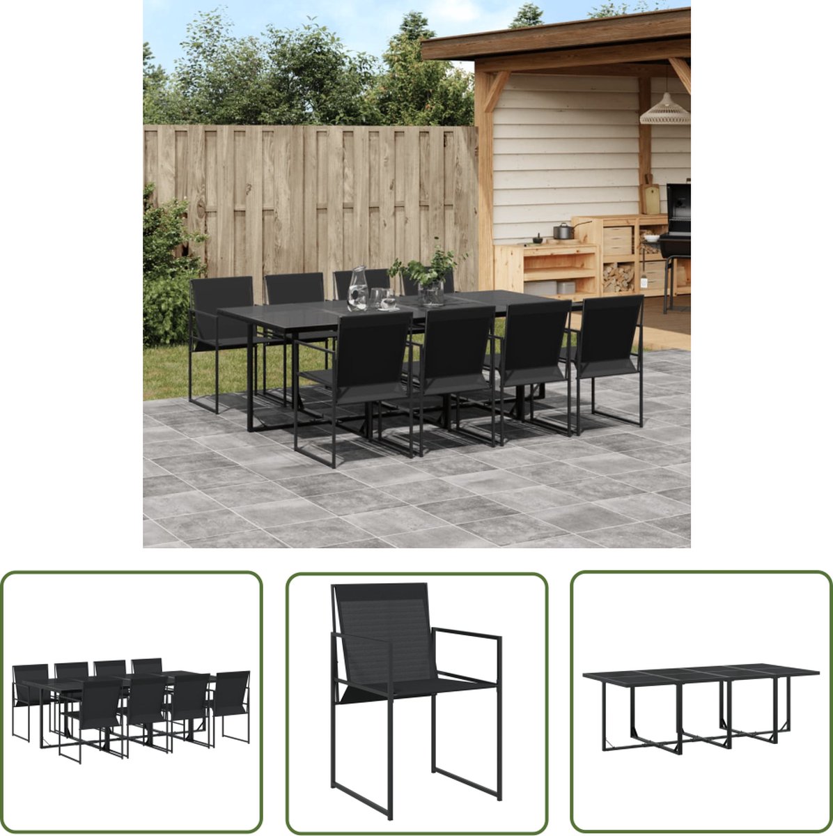 The Living Store 9-delige Tuinset textileen zwart - Tuinbank - Tuinset - Buitentafel - Eetkamerset - Lounge Set