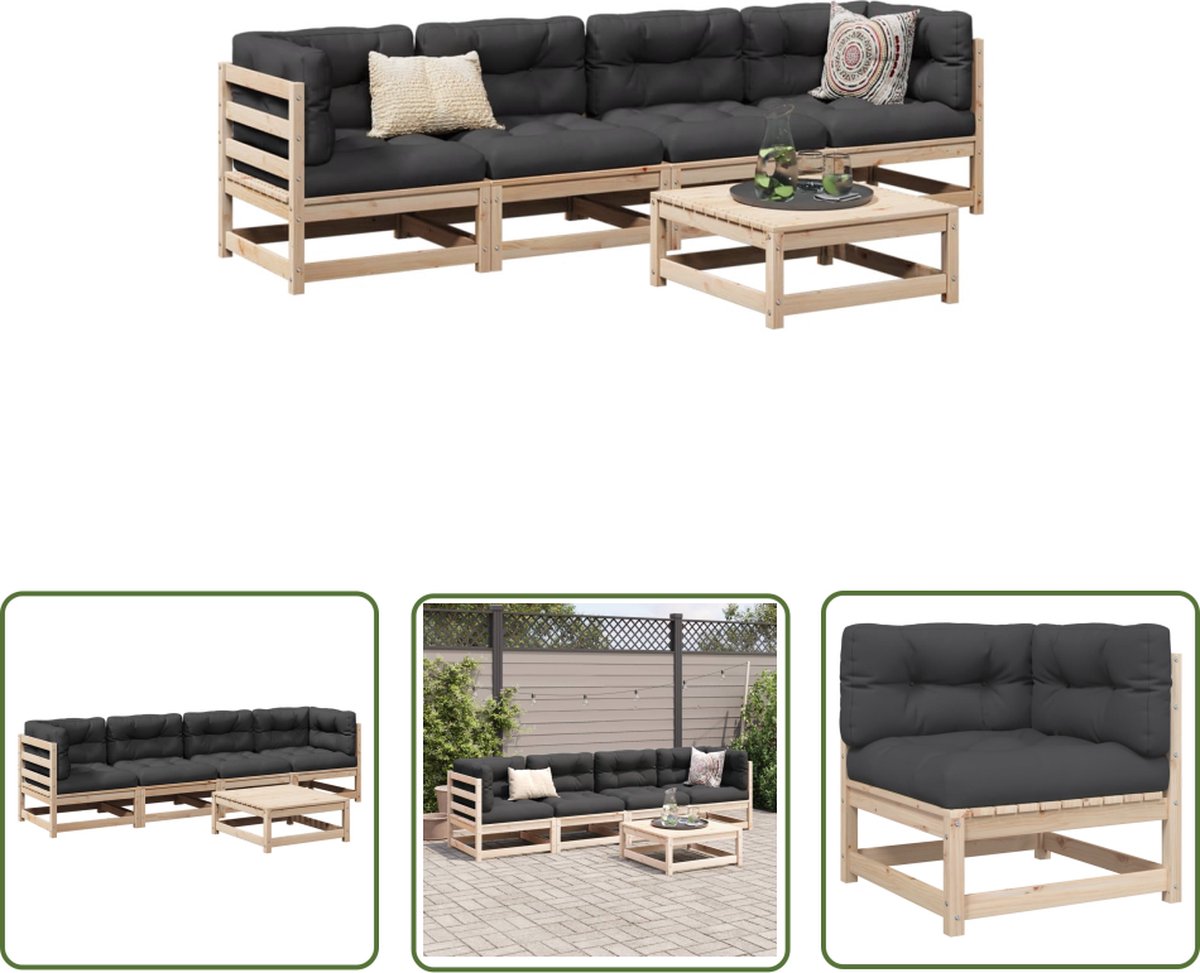 The Living Store 5-delige Loungeset met kussens massief grenenhout - Loungeset - Tuinset - Houten Lounge - Tuinmeubels - Balkon Meubel