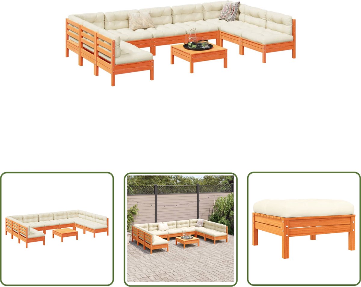 The Living Store 10-delige Loungeset met kussens massief grenenhout wasbruin - Loungeset - Tuinset - Buitenmeubels - Houten Lounge - Garden Furniture