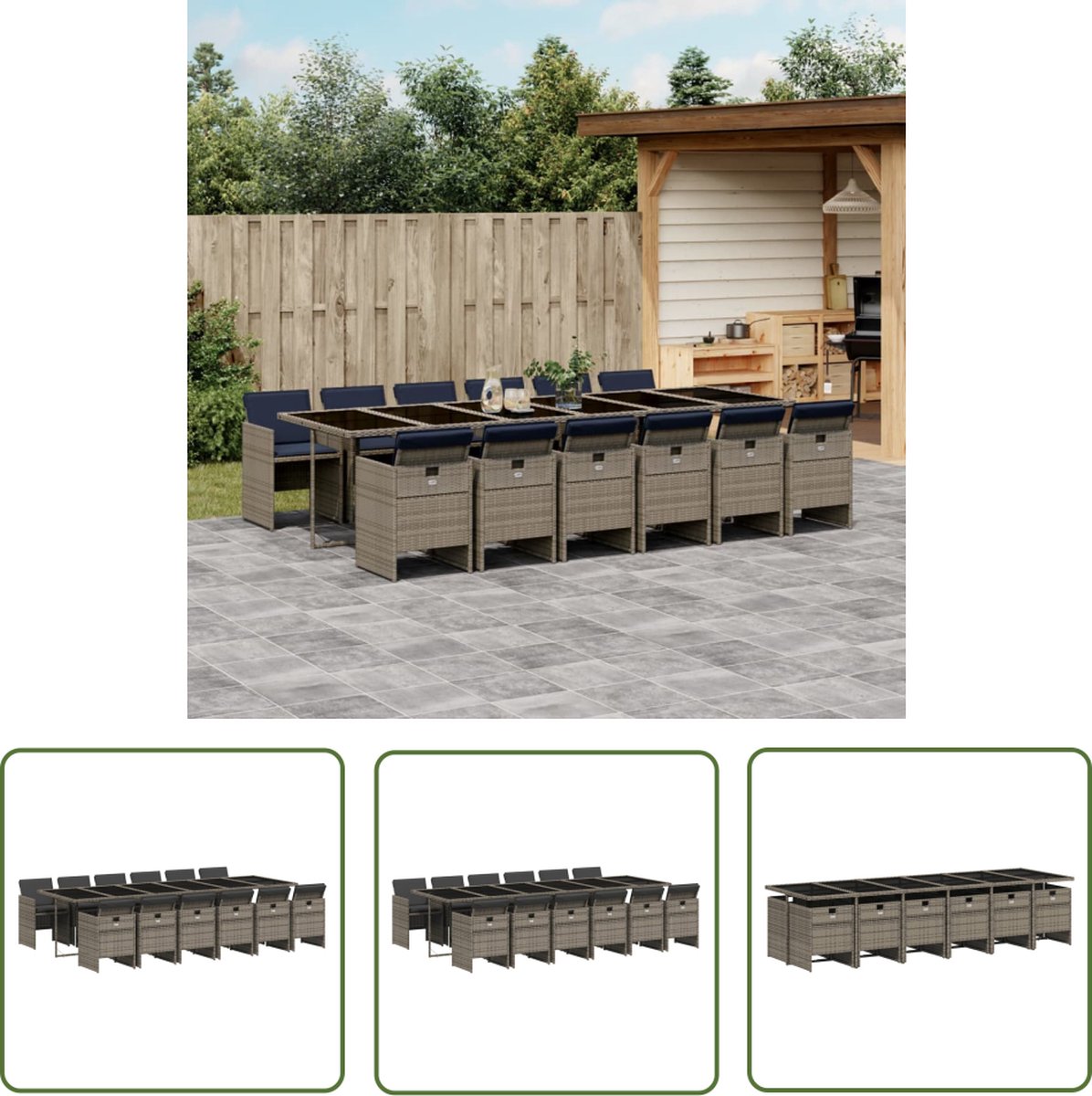 The Living Store 13-delige Tuinset met kussens poly rattan grijs - Tuinset - Buitenmeubel - Eetkamerset - Lounge Set - Patio Set