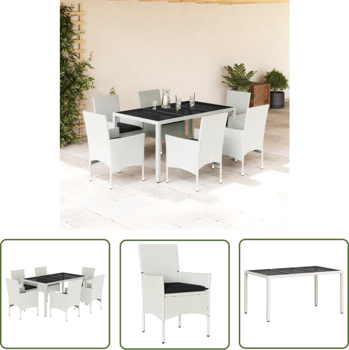 The Living Store 7-delige Tuinset met kussens poly rattan en glas wit - Tuinset - Buis Meubel - Eetkamerset - Lounge Set - Patio Set