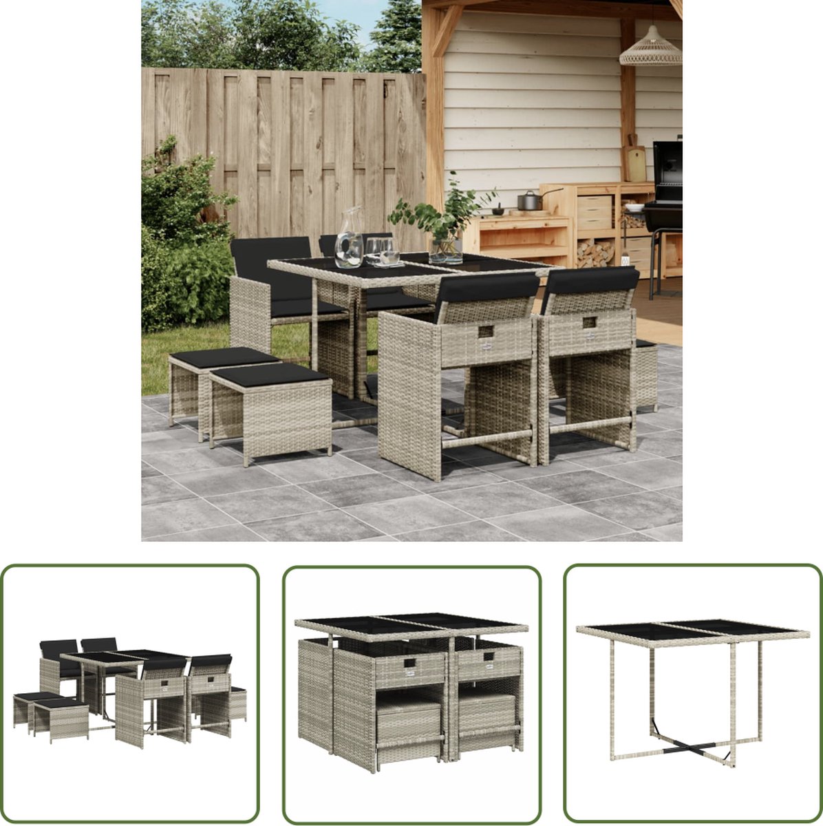 The Living Store 9-delige Tuinset met kussens poly rattan lichtgrijs - Tuinmeubels - PE-rattan - Buitendecoratie - Lounge Set - Eetkamerset