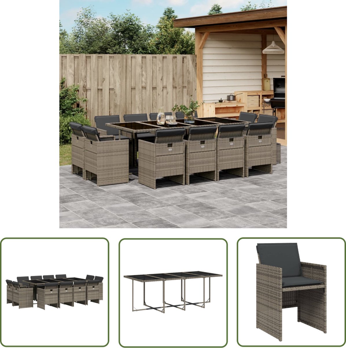 The Living Store 13-delige Tuinset met kussens poly rattan grijs - Tuinset - Buitenmeubel - Lounge Set - Eetkamerset - Patio Set