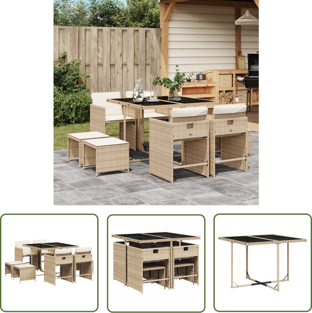 The Living Store 9-delige Tuinset met kussens poly rattan beige - Tuinmeubels - Buitenkamer - Lounge Set - Eetkamer Set - Pe Rattan