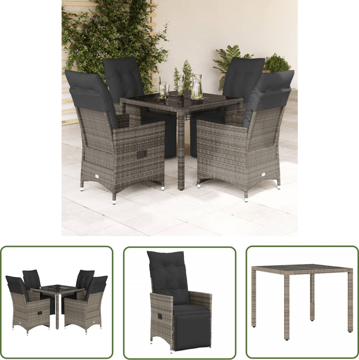 The Living Store 5-delige Bistroset met kussens poly rattan grijs - Tuinmeubles - Bistroset - Lounge Set - Buitendecoratie - Poly Rattan