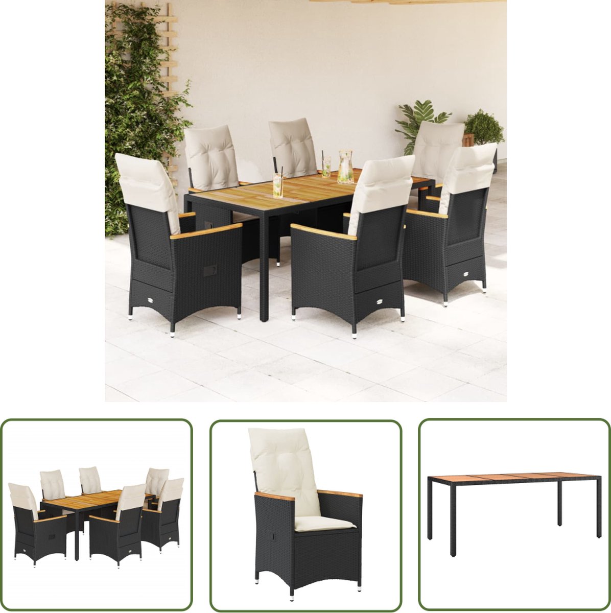 The Living Store 7-delige Tuinset met kussens poly rattan zwart - Tuinset - Lounge Set - Buitenshuis Genieten - Eetkamer Set - Patio Furniture