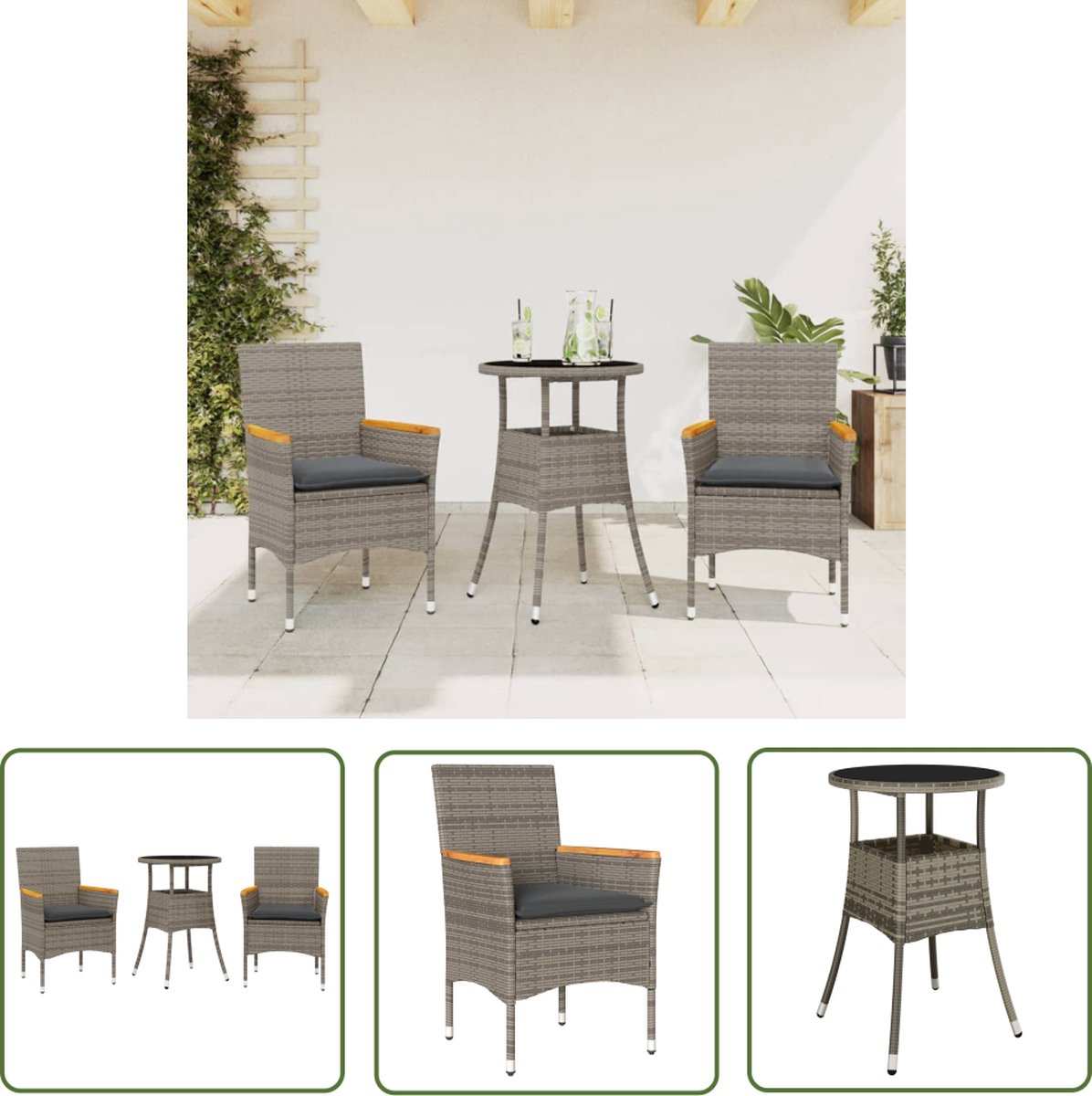 The Living Store 3-delige Tuinset met kussens poly rattan en glas grijs - Tuinmeubels - Buisensets - Lounge Sets - Outdoor Furniture - Patio Set