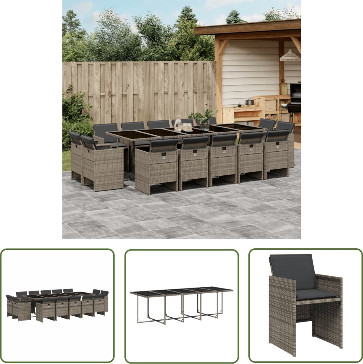 The Living Store 15-delige Tuinset met kussens poly rattan grijs - Tuinset - Buitendecoratie - Lounge Set - Eetkamerset - Poly Rattan