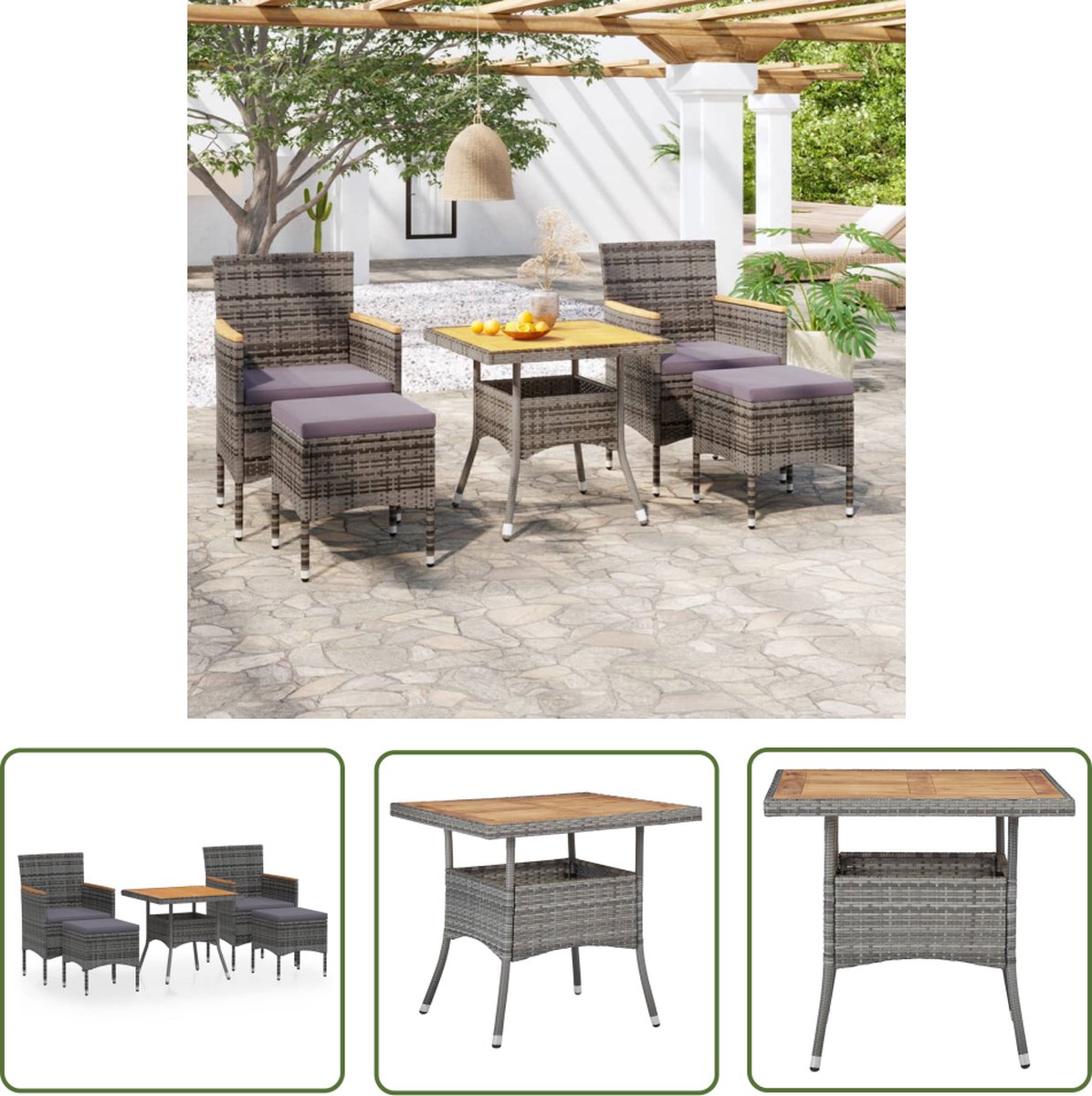 The Living Store 5-delige Tuinset poly rattan en massief acaciahout grijs - Eetkamerset - Tuinset - Buitentafel - Lounge Set - Tuinstoelen