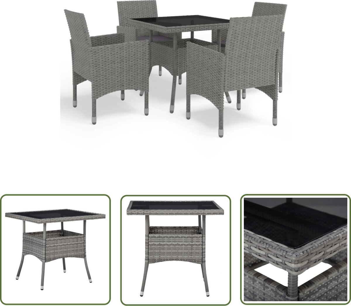 The Living Store 5-delige Tuinset poly rattan en glas grijs - Eetkamerset - Tuinset - Lounge Set - Buitendecor - Poly Rattan Meubels