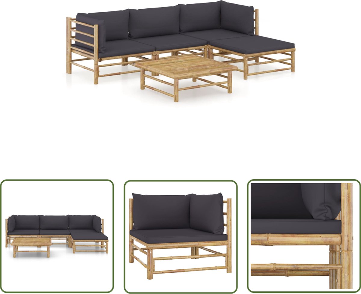 The Living Store 5-delige Loungeset met donkergrijze kussens bamboe - Bamboetuinmeubles - Loungeset - Outdoor Furniture - Tuinset - Hoeksalon