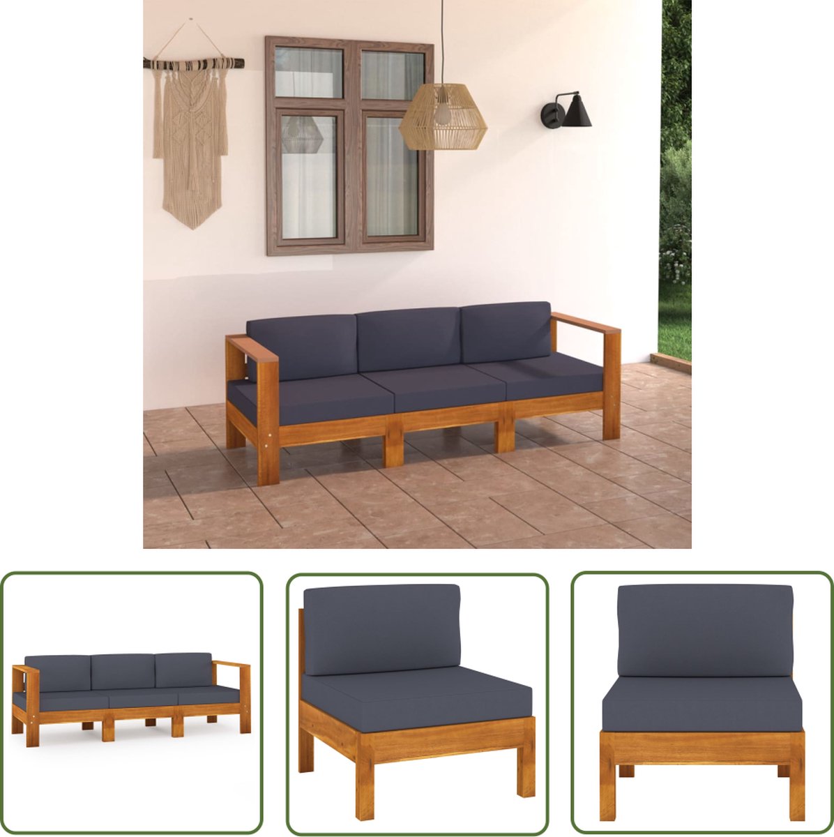 The Living Store Tuinbank 3-zits met donkergrijze kussens acaciahout - Tuinbank - Acacia Hout - Tuinset - Lounge Bank - Buitendecoratie