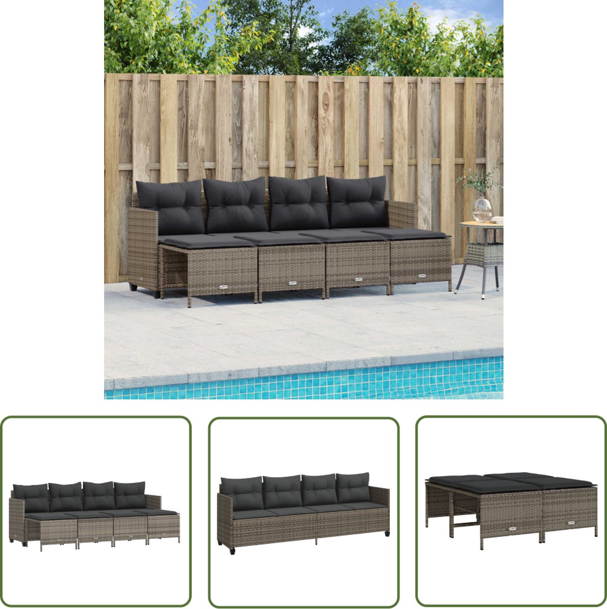 5-delige Loungeset in grijs poly rattan met kussens - The Living Store