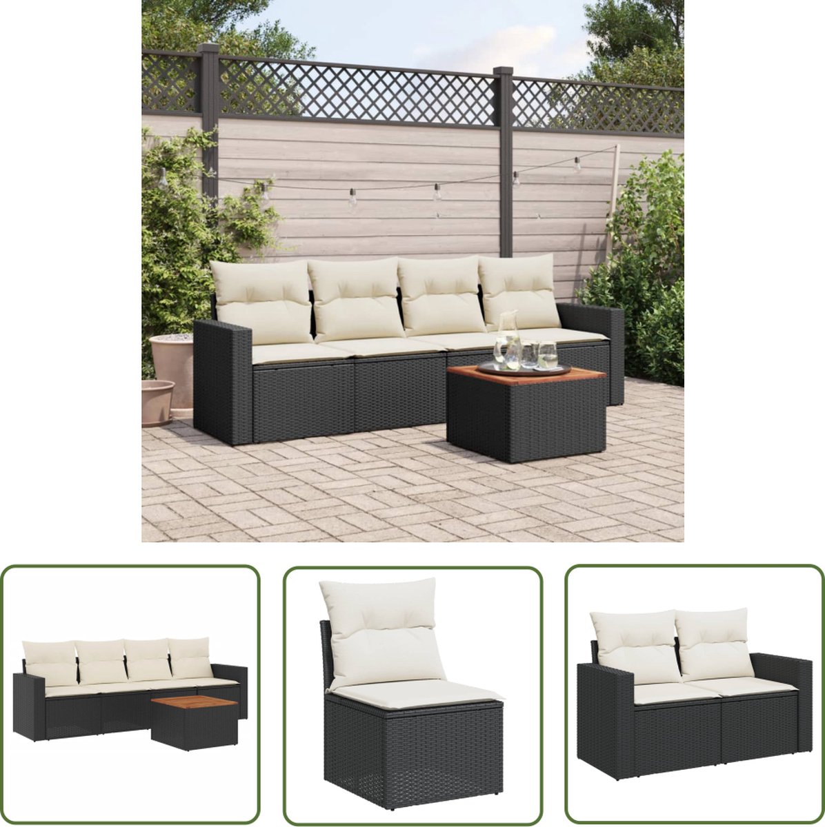 The Living Store 5-delige Loungeset met kussens poly rattan zwart - Loungeset - Lounge Set - Tuinmeubels - Buitendecoratie - Outdoor Furniture