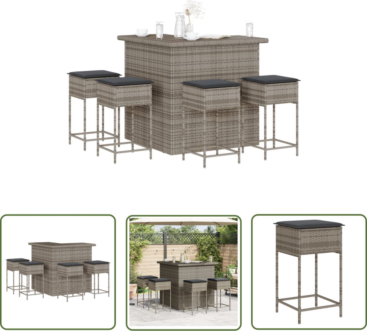 The Living Store 5-delige Tuinbarset met kussens poly rattan grijs - Tuinbarset - Lounge Set - Buitendecoratie - Tuinset - Outdoor Furniture