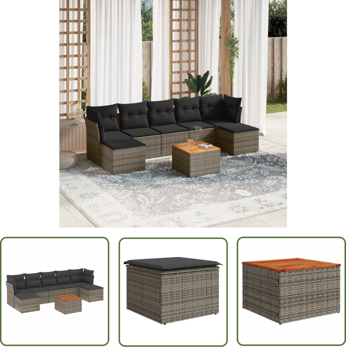 The Living Store poly rattan grijze loungeset met kussens.