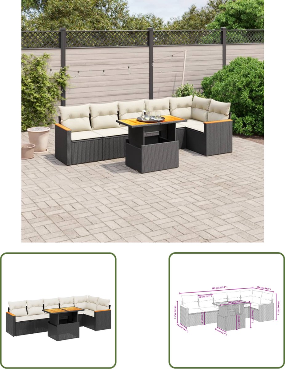 The Living Store 7-delige Loungeset met kussens poly rattan zwart - Loungeset - Tuinset - Poly Rattan - Buitendecoratie - Lounge Set
