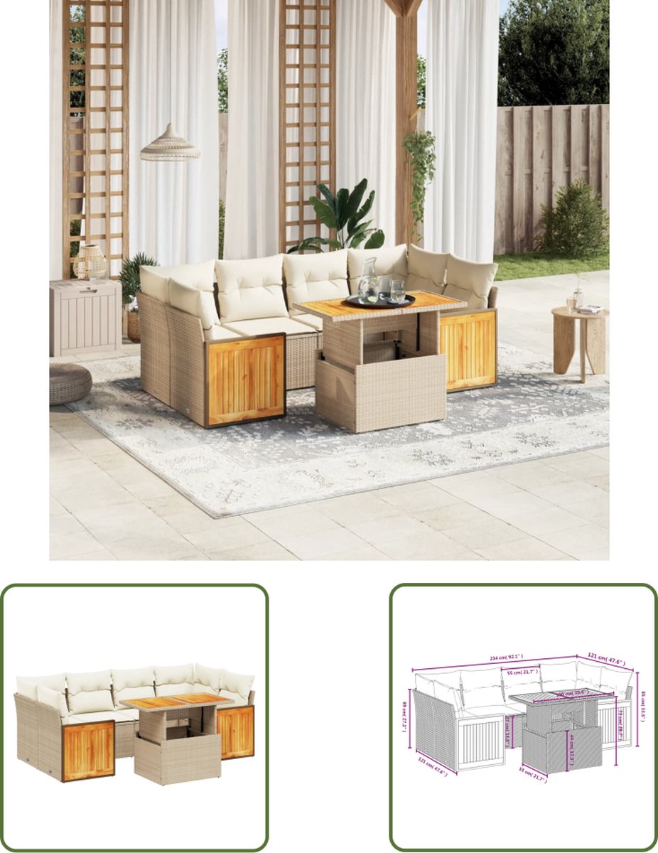 Tuinloungeset van The Living Store in beige poly rattan met kussens.