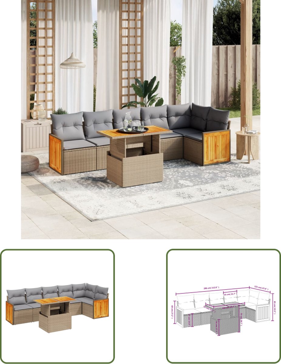 The Living Store 7-delige Loungeset met kussens poly rattan beige - Tuin Lounge Set - Loungebank - Buitendecoratie - Outdoor Furniture - Garden Sofa Luxe poly rattan loungeset in beige met kussens - The Living Store.