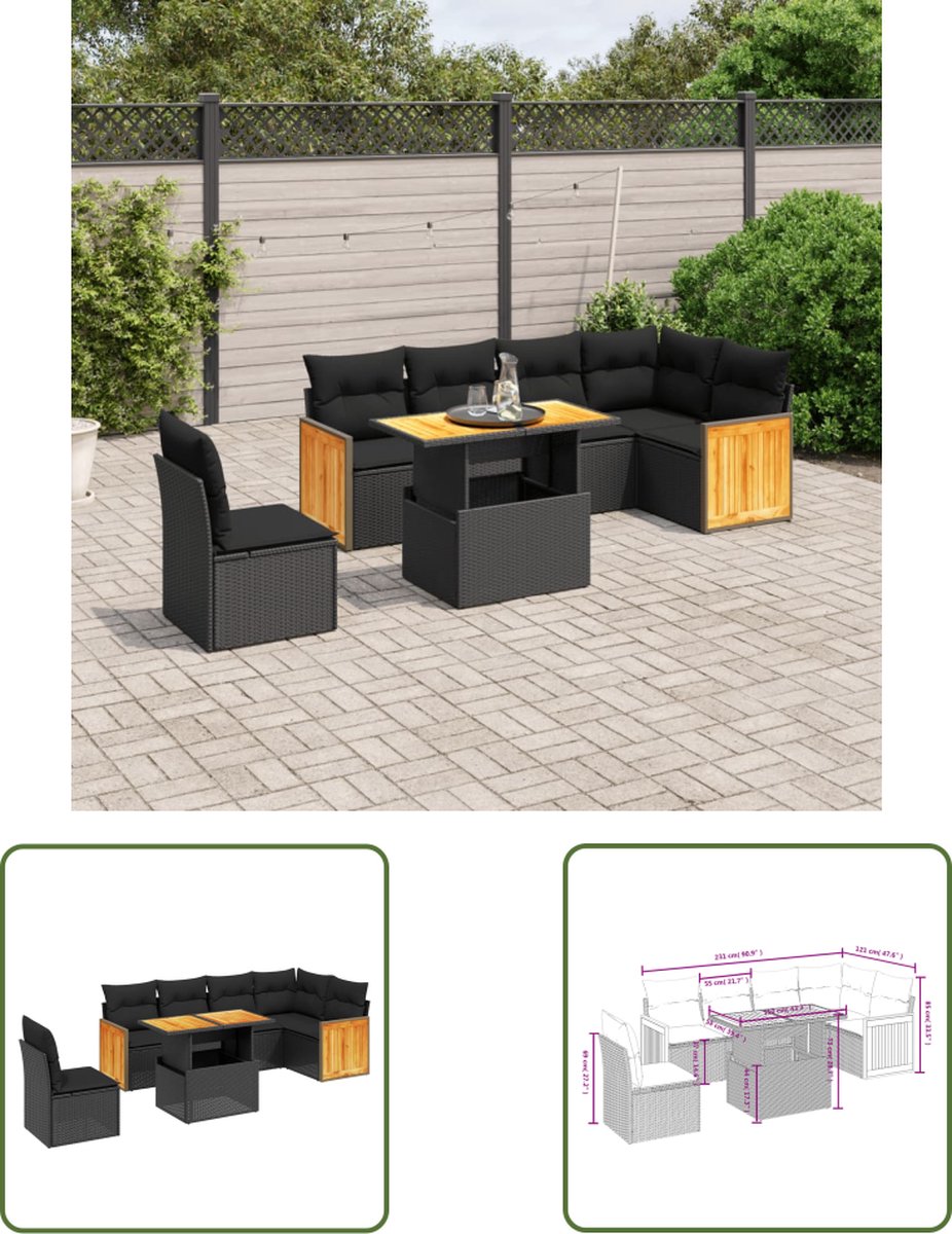 The Living Store 7-delige Loungeset met kussens poly rattan zwart - Loungeset - Tuinmeubels - Lounge Set - PE-rattan - Outdoor Furniture