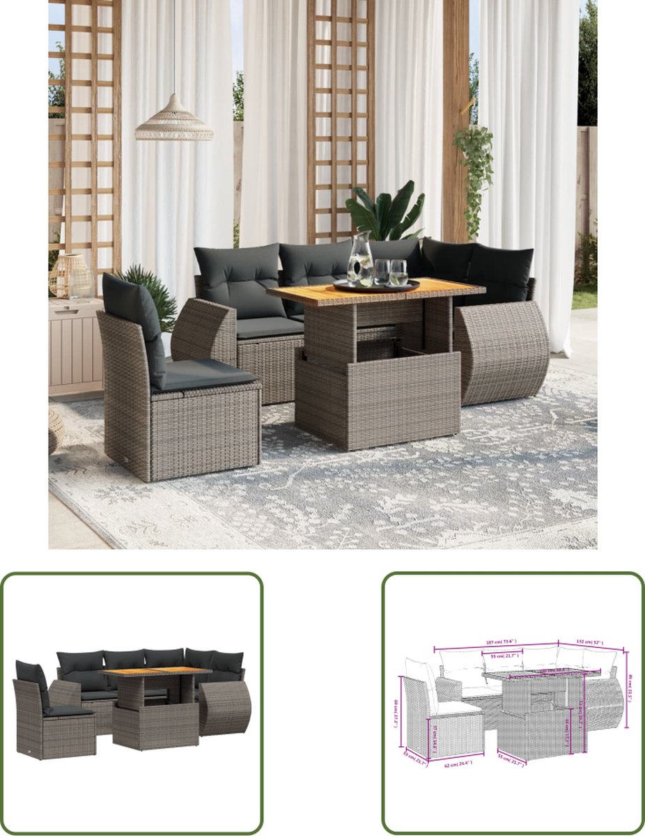 The Living Store 6-delige Loungeset met kussens poly rattan grijs - Loungeset - Tuinset - Lounge Set - Buitendecoratie - Tuinmeubels