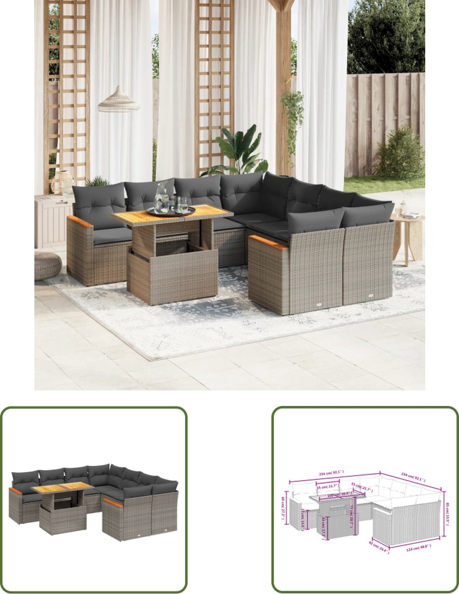 The Living Store 9-delige Loungeset met kussens poly rattan grijs - Loungeset - Tuinset - Buitendecoratie - Lounge Set - Tuinmeubels