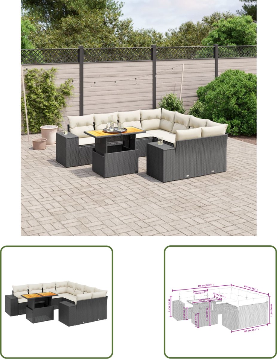 Zwarte poly rattan loungeset met kussens voor buiten - The Living Store.