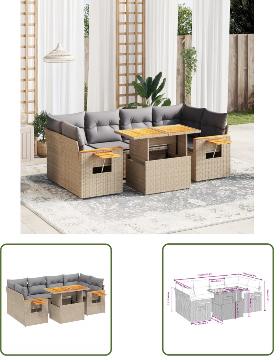 Loungeset van poly rattan in beige met kussens - Tuinmeubel met Buitendecoratie