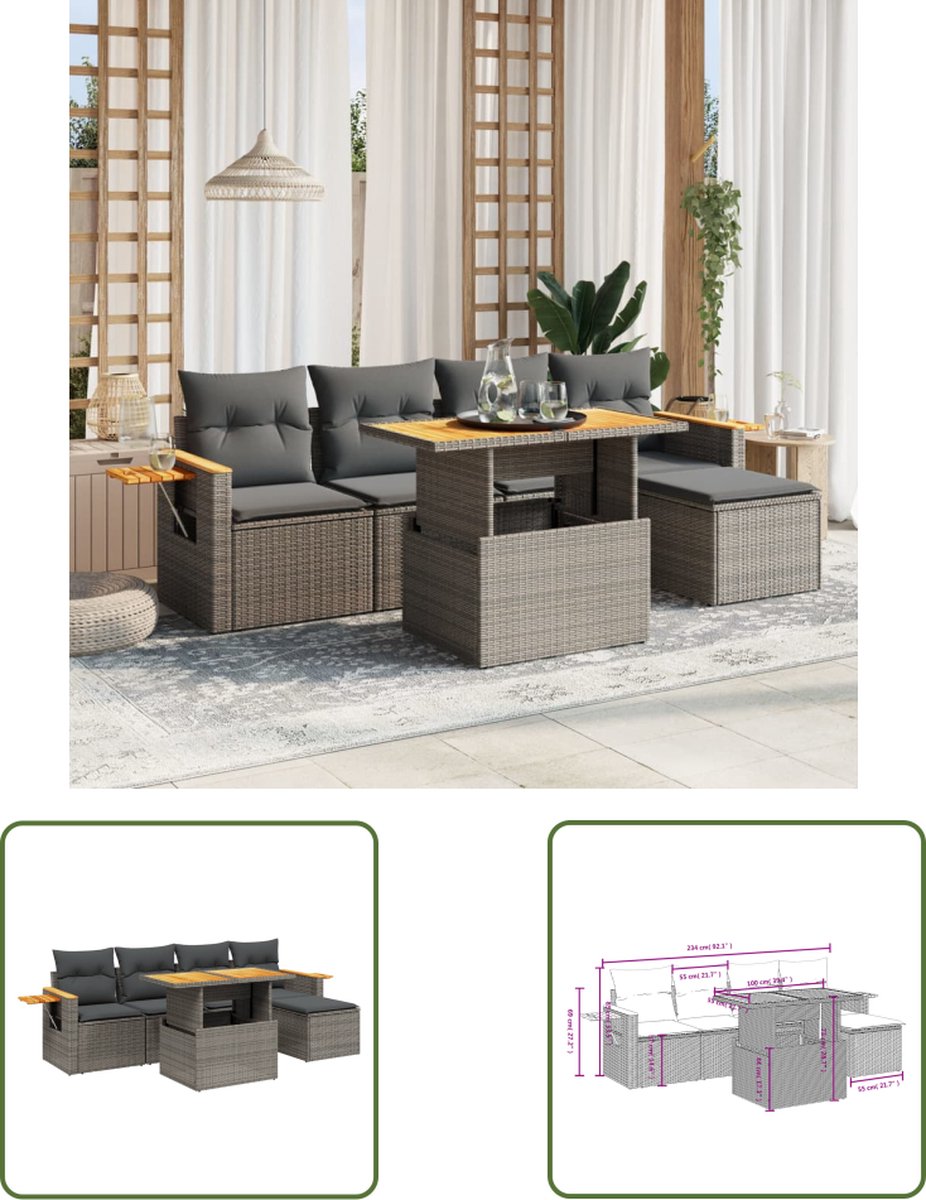 The Living Store 6-delige Loungeset met kussens poly rattan grijs - Loungebank - Lounge Set - Tuinlounge - Buitentijdbanken - Tuinmeubles