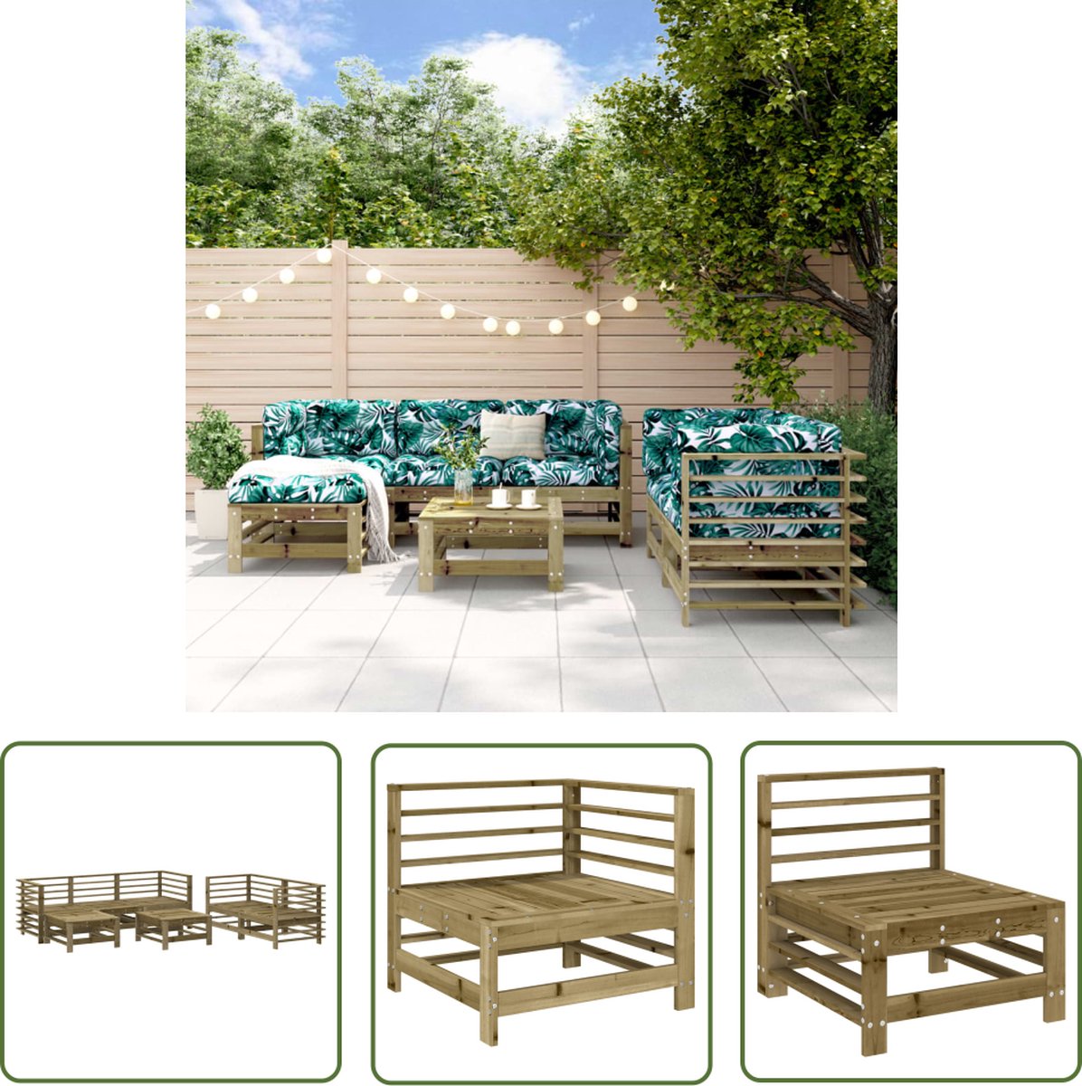 The Living Store 7-delige Loungeset geïmpregneerd grenenhout - Houten Lounge Set - Tuinset - Loungebank - Tuinmeubel - Balkon Set