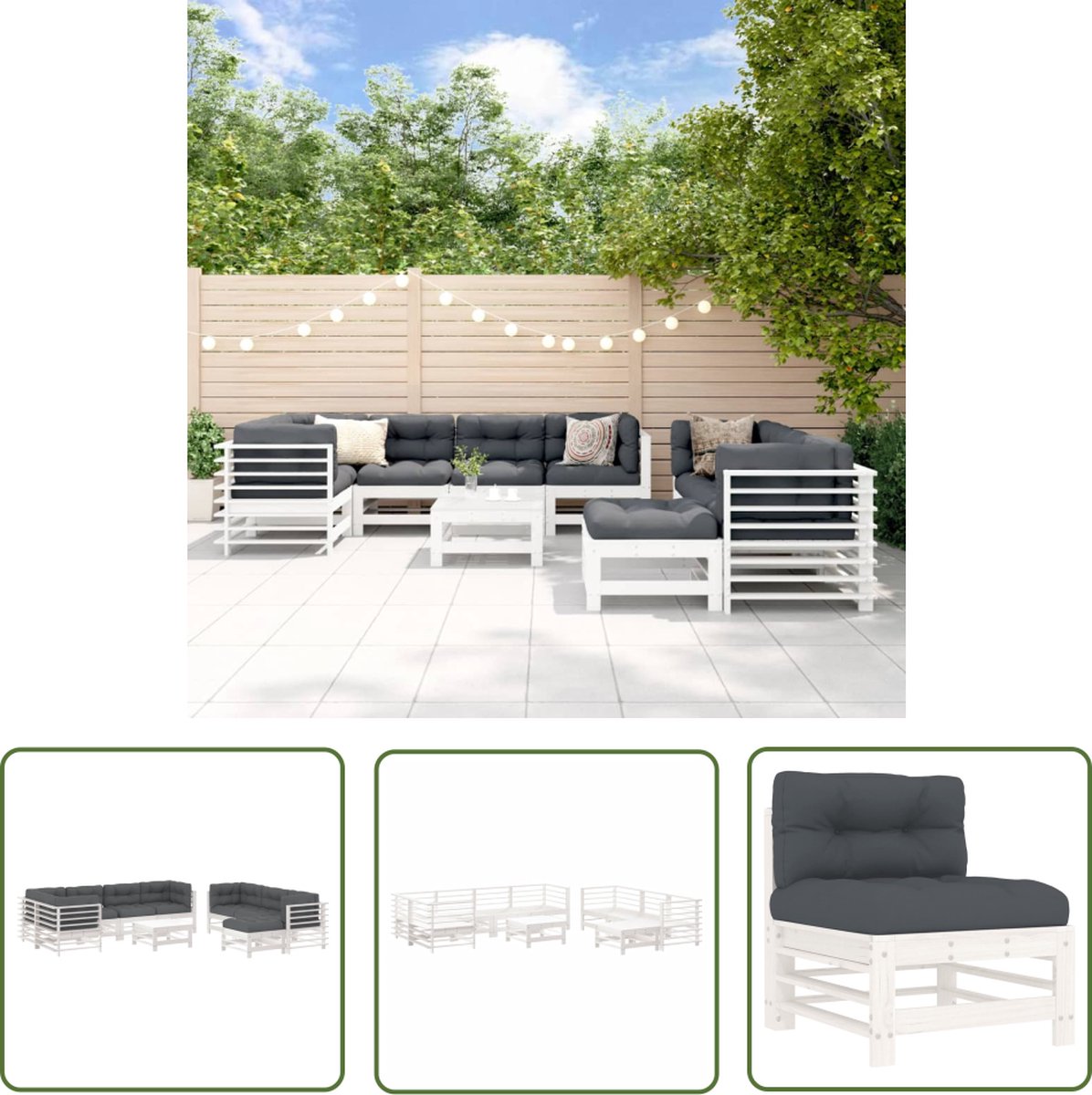Massief houten loungeset in wit met kussens - Tuinmeubilair - The Living Store