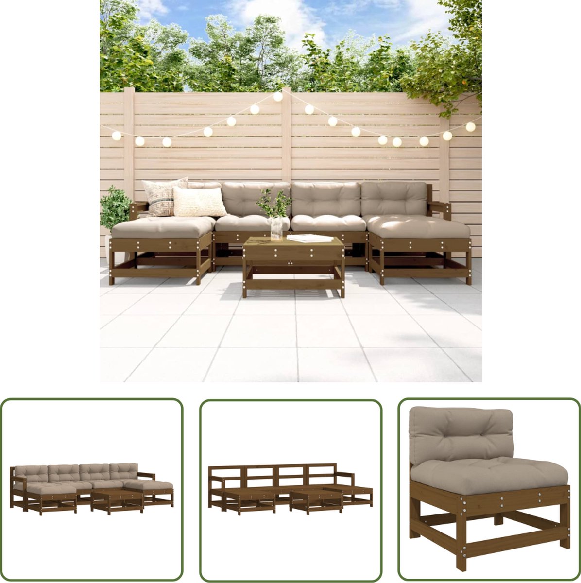 Massief houten loungeset in honingbruin met kussens - Tuinmeubelen.