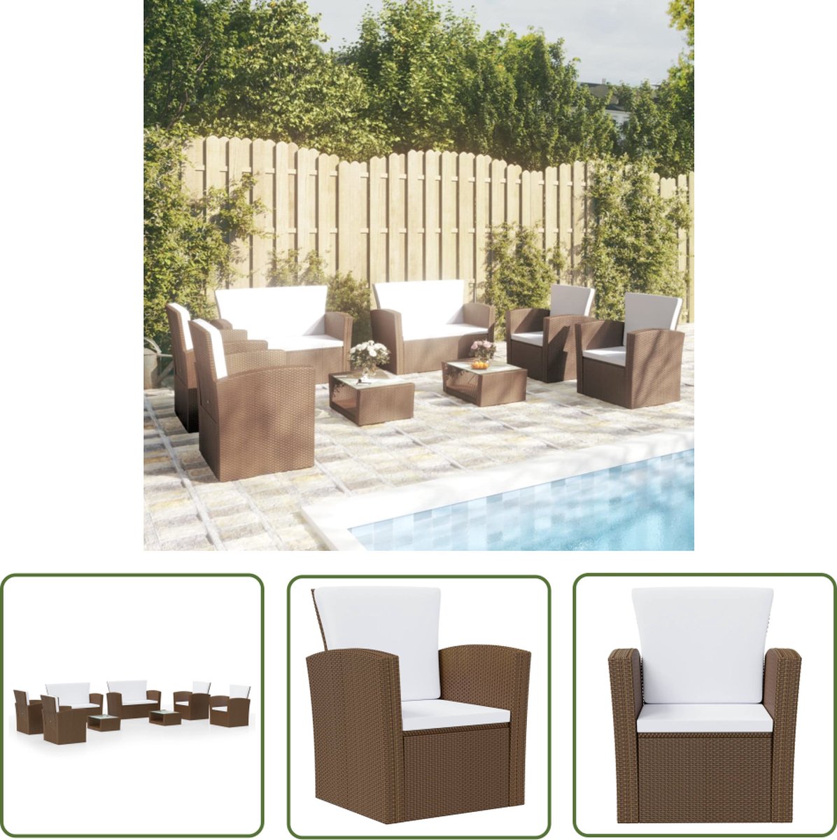 The Living Store 8-delige Loungeset met kussens poly rattan bruin - Loungeset - Tuinmeubel - Poly Rattan - Bruine Loungestoel - Buitenkamer