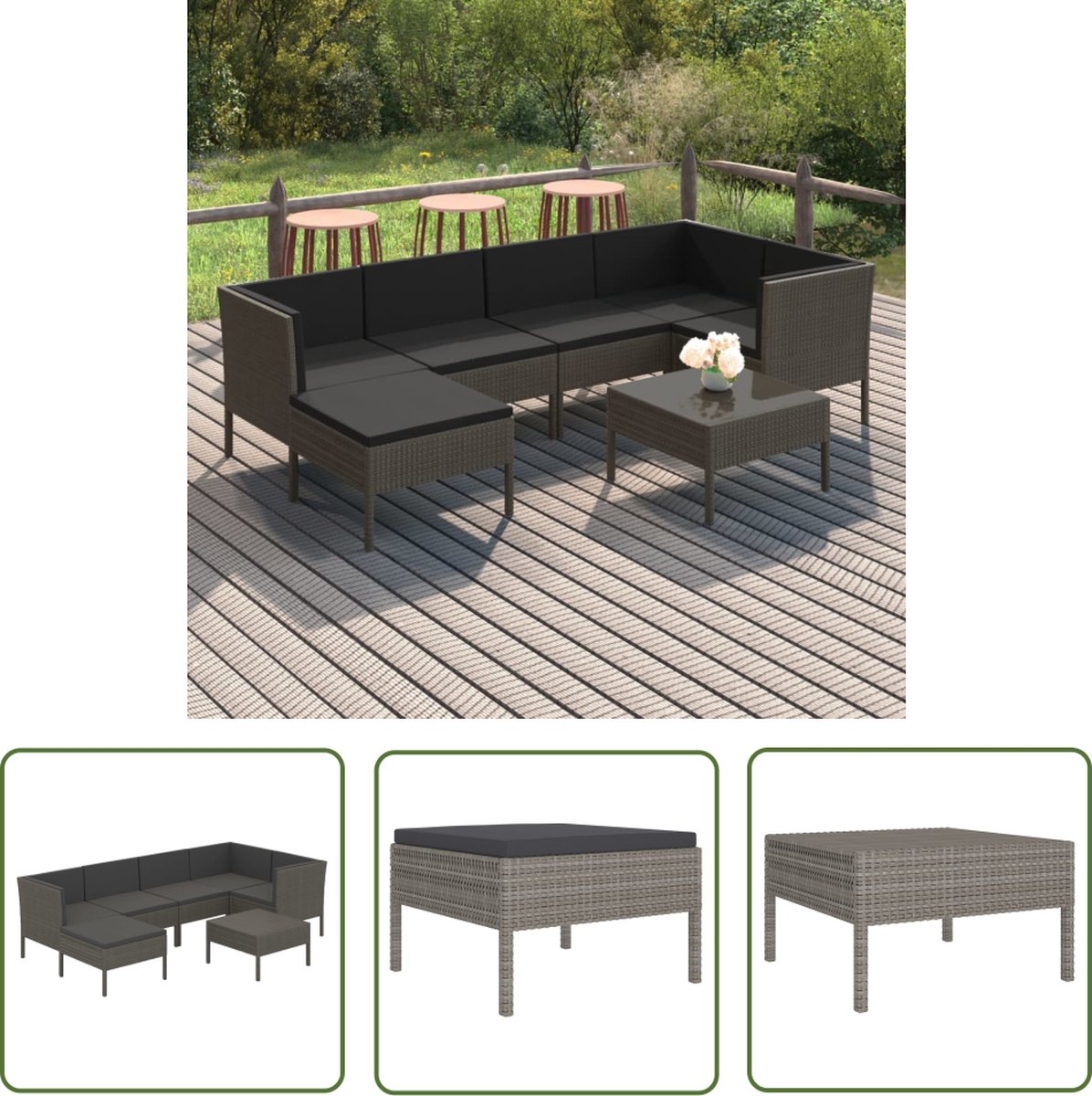 Grijze poly rattan loungeset met kussens voor buiten - The Living Store.