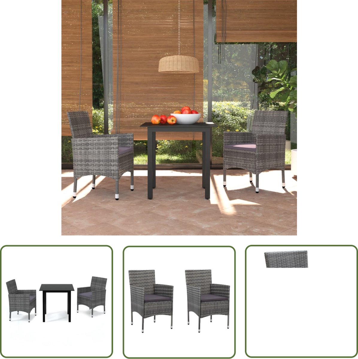 The Living Store 3-delige Tuinset met kussens poly rattan grijs - Tuinstoel - Tuinset - Lounge Set - Buitentijd - Outdoor Furniture