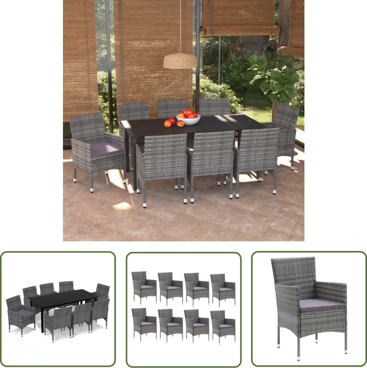 The Living Store 9-delige Tuinset met kussens poly rattan grijs - Tuinstoel - Tuinset - Buitentijd - Lounge Set - Terrassenset