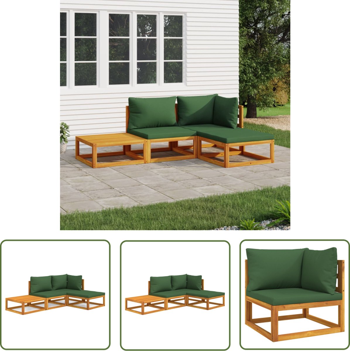 The Living Store 4-delige Loungeset met groene kussens massief hout - Tuinstoel - Tuinset - Acacia Hout - Lounge Set - Buitendecor