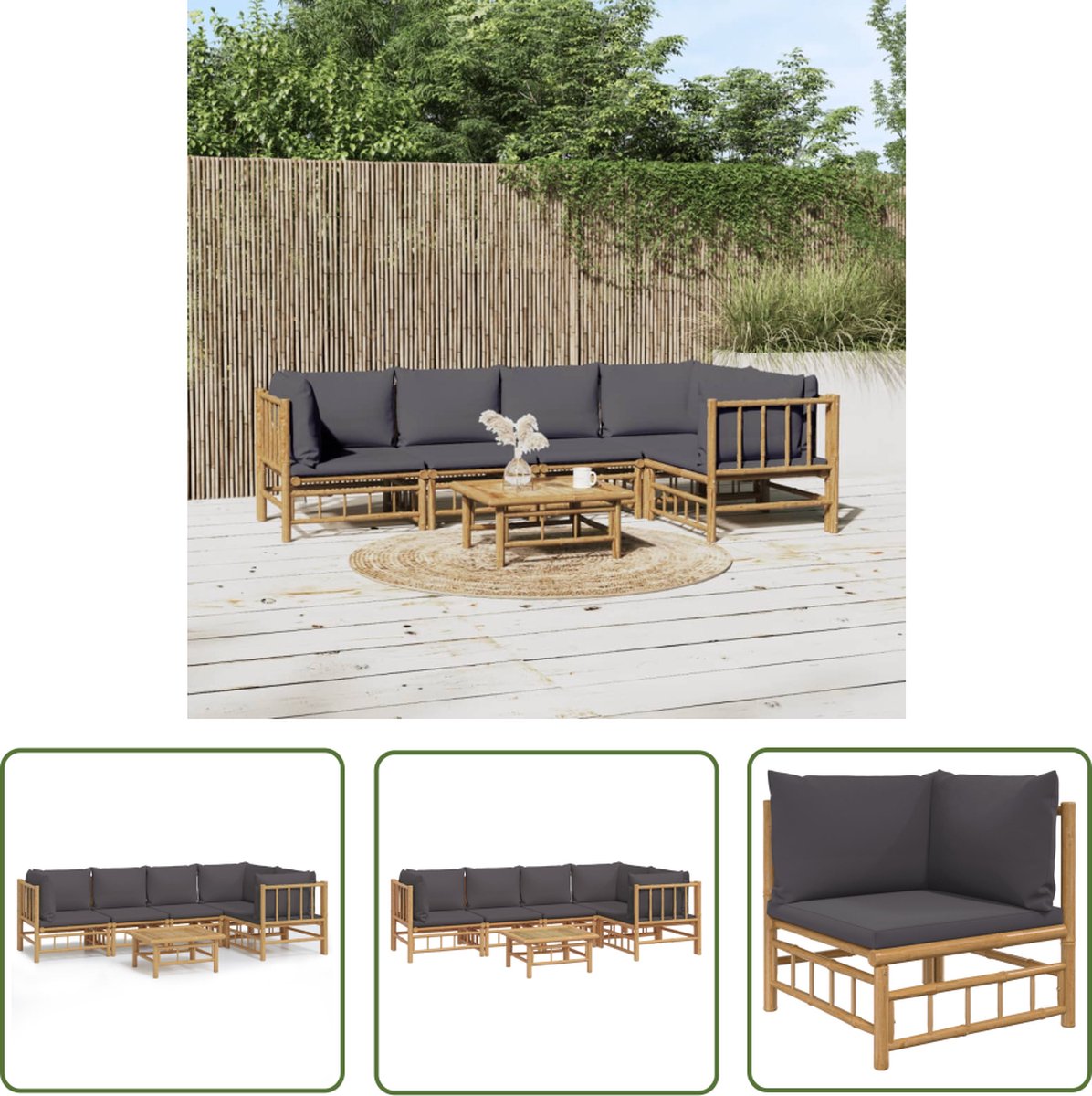 The Living Store 6-delige Loungeset met kussens bamboe donkergrijs - Bamboetuinset - Lounge Set - Buis Meubel - Outdoor Furniture - Tuinlounge