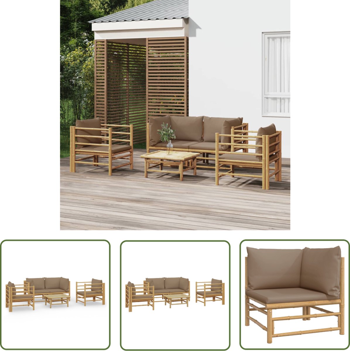 The Living Store 5-delige Loungeset met kussens bamboe taupe - Bamboetuinmeubel - Lounge Set - Tuinset - Loungestoel - Hoeksofa