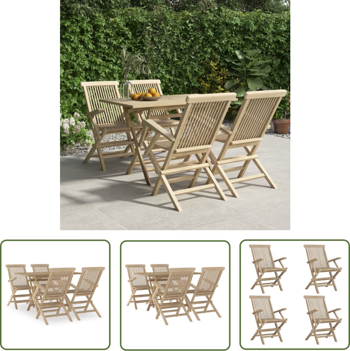 The Living Store 5-delige Tuinset massief teakhout grijs - Tuinset - Teak - Buitenshuis Eten - Lounge Set - Patio Furniture