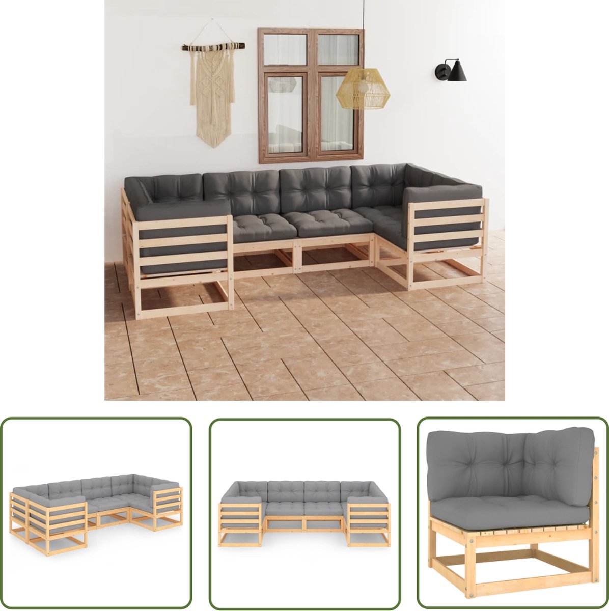 The Living Store 6-delige Loungeset met kussens massief grenenhout - Loungeset - Tuinset - Houten Lounge - Grenenhout - Loungestoel