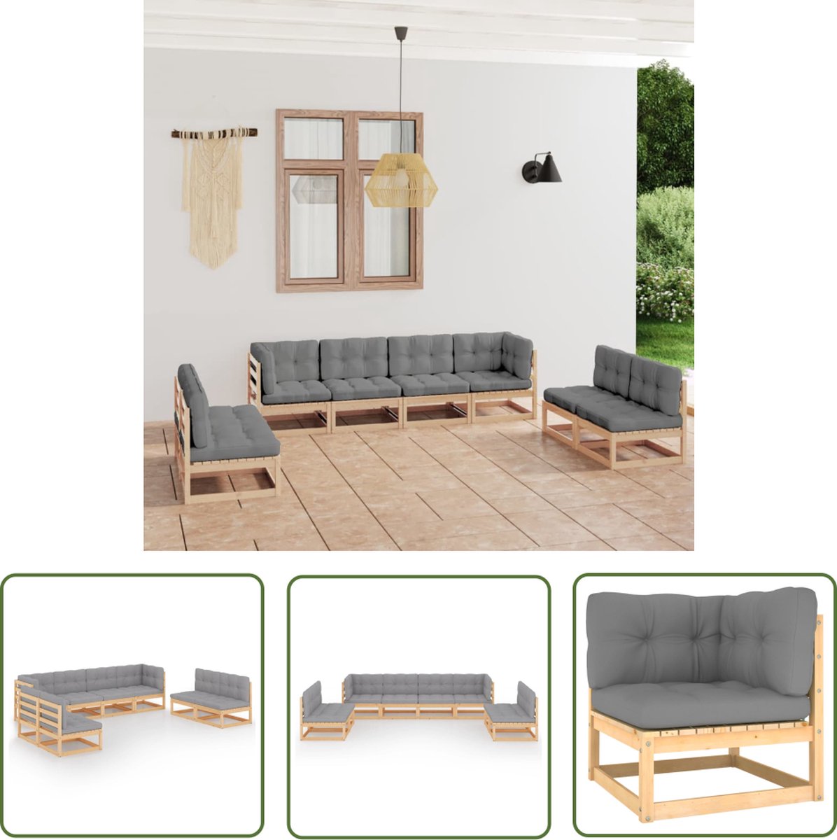 The Living Store 8-delige Loungeset met kussens massief grenenhout - Loungestoel - Tuinstoel - Lounge Set - Buitendecor - Houten Loungebank