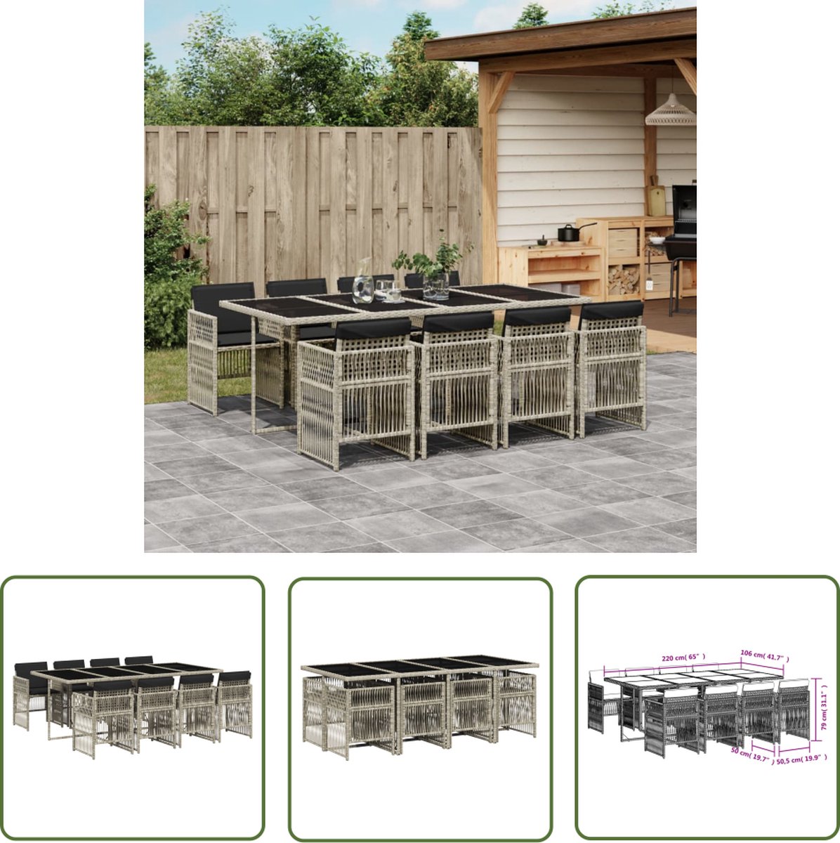 The Living Store 9-delige Tuinset met kussens poly rattan lichtgrijs - Tuin Set - Eetkamerset - Buitendecoratie - Pe Rattan - Poly Rattan