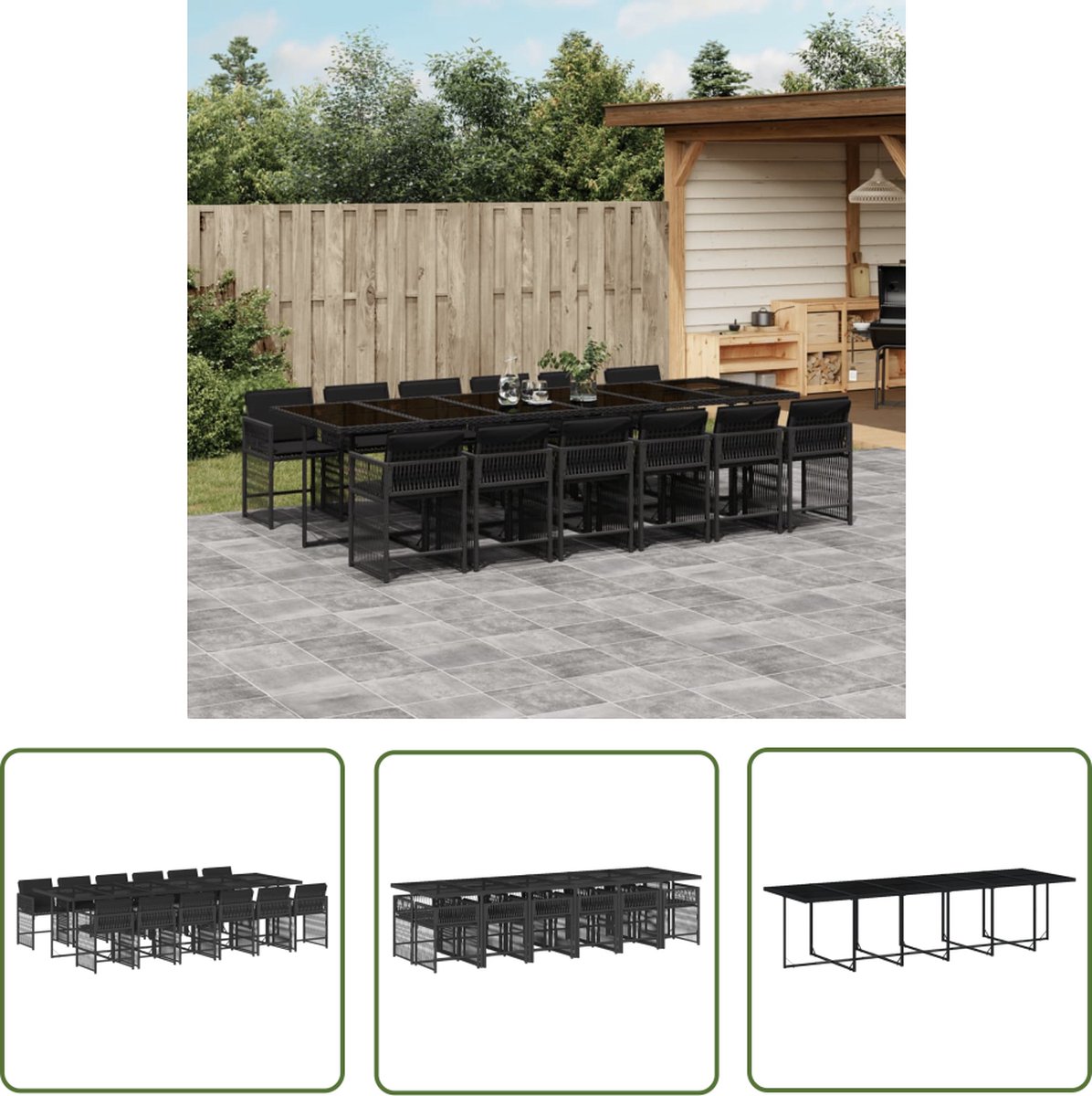 Zwarte poly rattan tuinset met kussens - The Living Store.