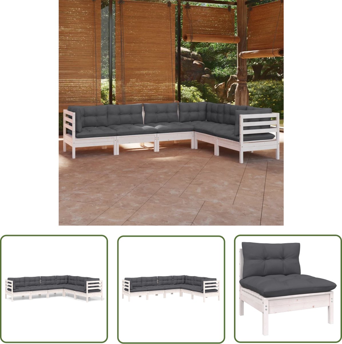 The Living Store 6-delige Loungeset met kussens massief grenenhout wit - Loungeset - Tuinset - Houten Lounge - Balkon Meubel - Tuin Bank