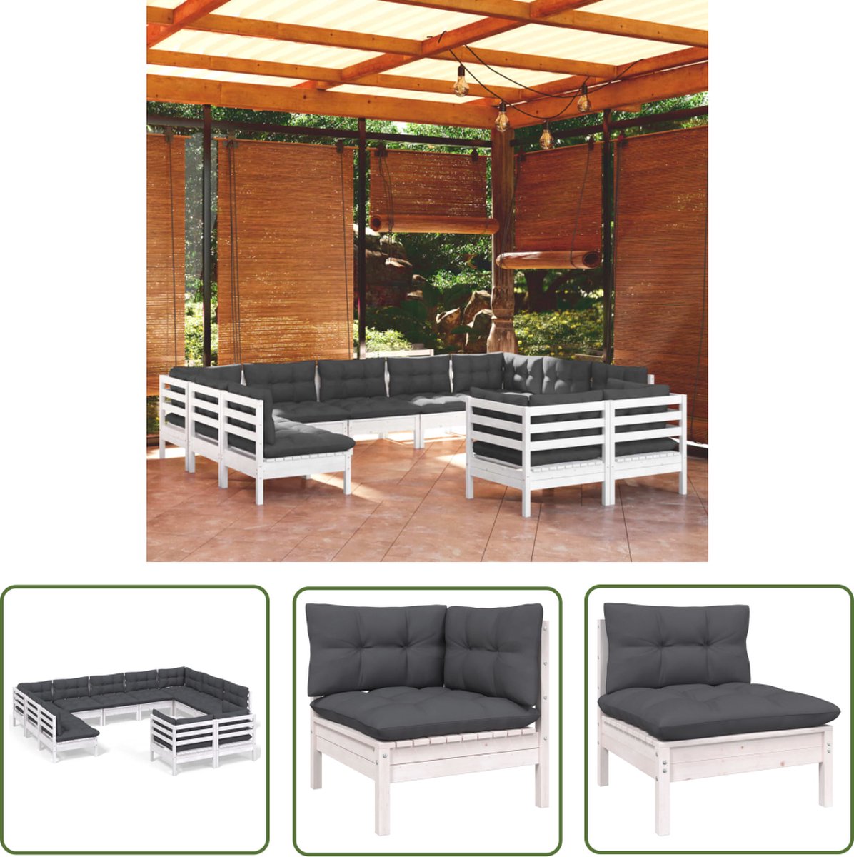 11-delige witte loungeset van massief grenenhout met kussens - The Living Store