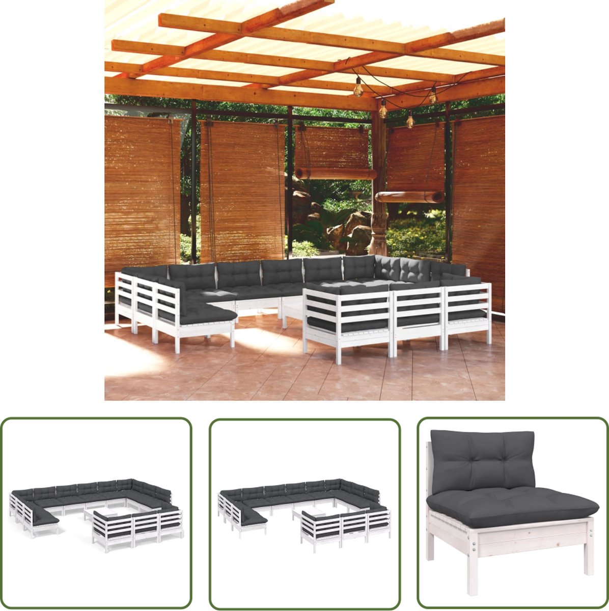 The Living Store 14-delige Loungeset met kussens grenenhout wit - Loungeset - Tuinmeubels - Lounge Set - Hout Meubel - Grenenhout
