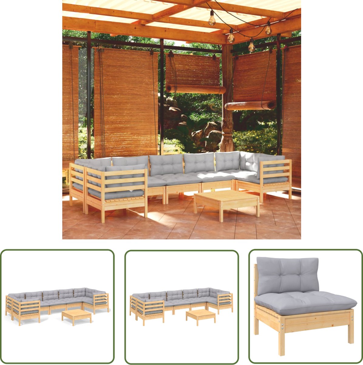 The Living Store 8-delige Loungeset met grijze kussens grenenhout - Tuinlounge Set - Lounge Set - Tuinset - Buitendiner - Hout Meubel
