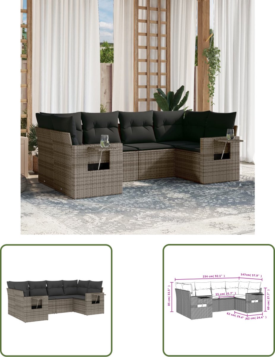Grijze poly rattan loungeset met kussens voor buiten - The Living Store.